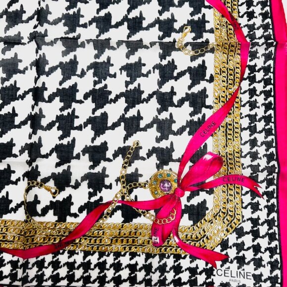 Unsed Celine , Cotton/Silk Mini Scar 19" white black gold bow pink bow trim(34) - Picture 3 of 8